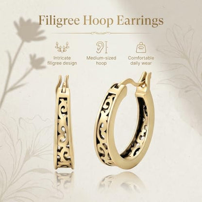 14K Gold Earrings for Women Gold Filigree/Celtic Huggie Earrings Jewelry Easter Mothers Day Gifts for Mom Girlfriend - style: Filigree-D