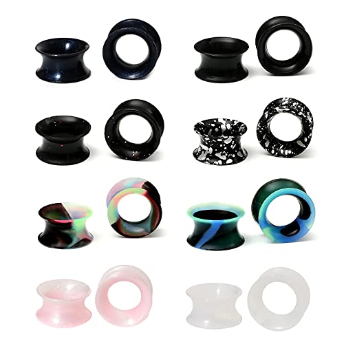 WBRWP 48/32/24/22/20/16/12pcs Ear Tunnels and Plugs - Double Flared Hollow Hard/Soft Silicone Ear Gauges - Ear Expander Stretcher Body Piercing Jewelry 8g-1" - color: B-16PCS soft(thin) silicone set