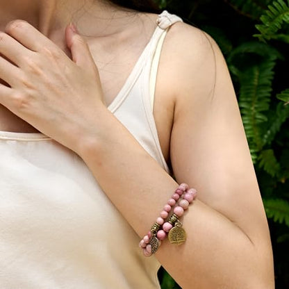 Bivei Natural Semi Precious Gemstone beads bracelet for women - Life Tree and Leaf Charm Energy Reiki Crystal Stretch Bracelets - color: Rhodochrosite Bracelet Set, size: Medium:6.8-7.24inch