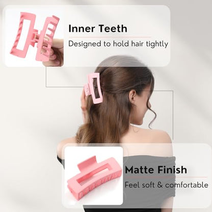 12 Pcs Pink Large Square Hair Claw Clips for Women, 4.3-Inch Matte Rectangle Claw, Strong Hold Non-slip Hair Clips for Thick & Thin Hair - color: Pink