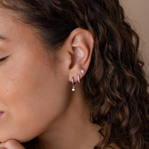 3 Pairs Mini Hoop Earrings Set Turquoise Cubic Zirconia Huggie Hoop Cartilage Earring Ear Cuff for Women (Turquoise/CZ) - color: Style B-Silver