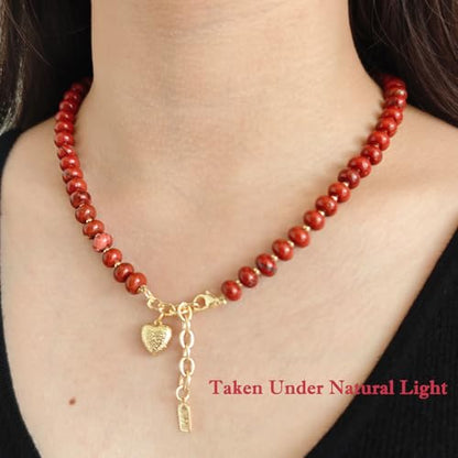 Boho Gemstone Beaded Necklace for Women – Colorful Natural Stone Choker 18K Solid Heart-Shaped Pendant, Summer Beach Jewelry - color: Red Jasper