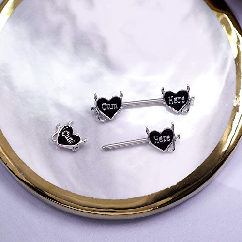Letter Nipple Ring 14G 316L Surgical Steel Nipple Barbell Heart Shape Devil Body Piercing Jewelry for Women Men - color: black C