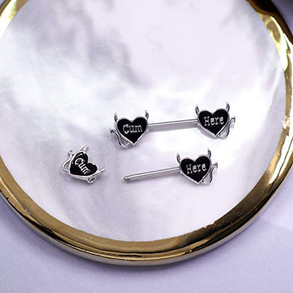Letter Nipple Ring 14G 316L Surgical Steel Nipple Barbell Heart Shape Devil Body Piercing Jewelry for Women Men - color: black C