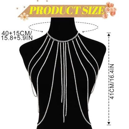 Zoestar Silver Rhinestone Body Chain Jewelry Accessories for Women | Sexy Party Layered Chest Chain Crystal Tassel Bra Chains