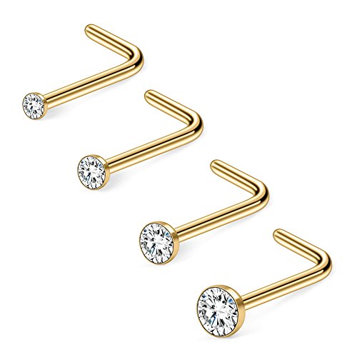 20G 1.5mm 2mm 2.5mm 3mm 3.5mm 4mm Opal Clear Diamond CZ Nose L Shaped Studs Rings Piercing Jewelry 4-20PCS - color: 4PCS - Gold