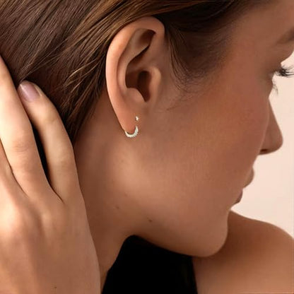 Dainty Mini Cubic Zirconia Small Ear Jacket Earrings for Women | 925 Sterling Silver Post, 14K Gold or Silver Plated, Hypoallergenic, 2mm CZ Tiny Stud Earrings with Half Hoop
