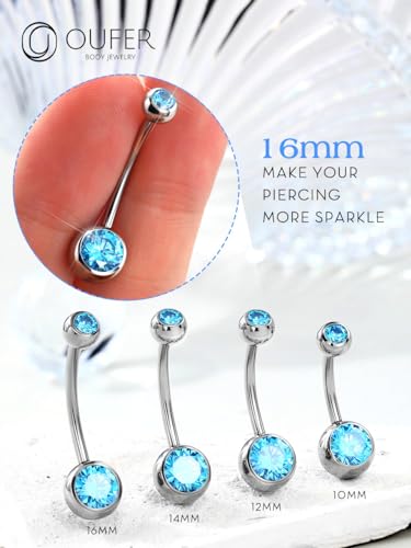 OUFER Titanium Belly Button Rings, Internally Threaded Belly Ring, Round CZ Navel Rings for Women Men - color: Blue, size: 1.6*16MM