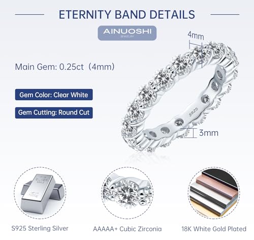 AINUOSHI Eternity Ring, 925 Sterling Silver Engagement Promise Ring for Women,Emerald Oval Radiant Round Cushion Cut Cubic Zirconia CZ Fine Ring,Stackable Full Eternity Wedding Band - color: Round Cut
