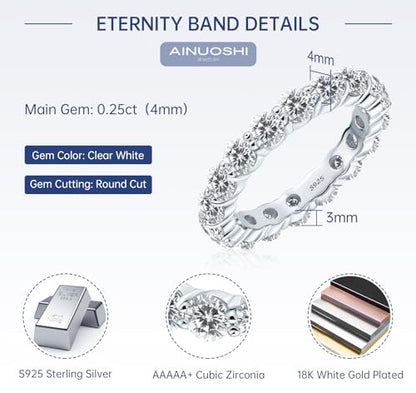 AINUOSHI Eternity Ring, 925 Sterling Silver Engagement Promise Ring for Women,Emerald Oval Radiant Round Cushion Cut Cubic Zirconia CZ Fine Ring,Stackable Full Eternity Wedding Band - color: Round Cut