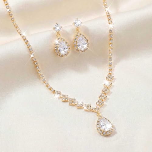 Unicra Bride Crystal Necklace Earrings Set Bridal Wedding Jewelry Sets Rhinestone Choker Necklace Prom Costume Jewelry Set for Women and Brides - color: Gold