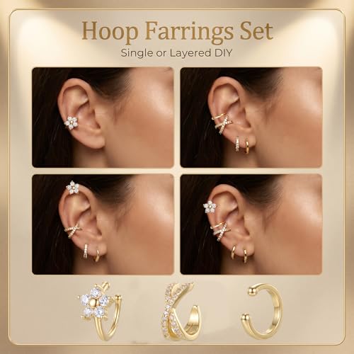 Ear Cuffs for Women Non Piercing - 3PCS Gold Clip On Earrings, 14K Gold Plated Adjustable Cuff Earrings for Women, Dainty Flower Design