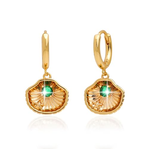 Sonateomber Gold Silver Small Hoop Dangle Earrings for Women, Trendy Dainty Rhinestone CZ Dangling Prom Wedding Leaf Flower Snowflake Butterfly Starfish Fashion Jewelry Gift - color: Shell