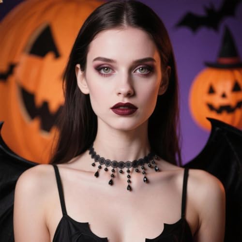 Gothic Necklace for Women Goth Lace Necklace Choker Halloween Witch Accessories Velvet Vampire Jewelry - color: E-Black