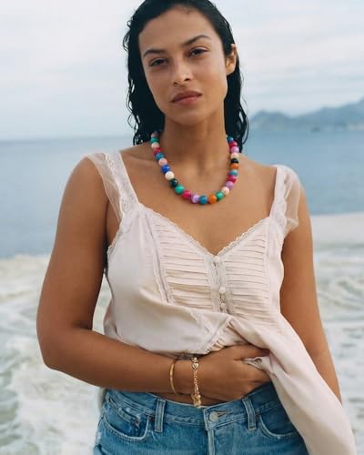 Chunky Beaded Necklace for Women Boho Statement Bead Necklace | Adjustable, Lightweight Choker, Round/Oval/Pebble Beads, Trendy Summer Beach Jewelry - color: Colorful