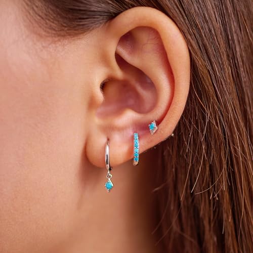 3 Pairs Mini Hoop Earrings Set Turquoise Cubic Zirconia Huggie Hoop Cartilage Earring Ear Cuff for Women (Turquoise/CZ) - color: *Turquoise-C