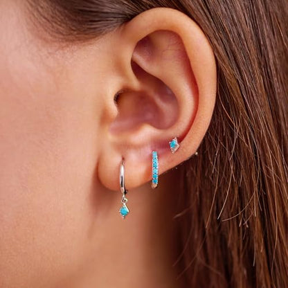 3 Pairs Mini Hoop Earrings Set Turquoise Cubic Zirconia Huggie Hoop Cartilage Earring Ear Cuff for Women (Turquoise/CZ) - color: *Turquoise-C