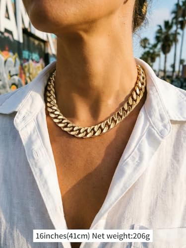 FindChic Cuban Link Chain Necklace for Women Men, Silver/Gold Plated Stainless Steel Solid Miami Curb Chain Hip Hop Punk Statement Jewelry, 5/12/14mm Width, 16/18/20 Inch Length, with Gift Box - color: 06. 14mm-Gold, size: 16inches