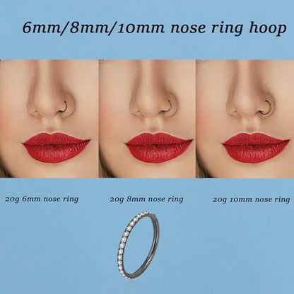 Lantine G23 Titanium Nose Rings Hoops Seamless Clicker Cz Nose Septum Piercings Rings Cute Diamond Hinged 16g 20g Cartilage Conch Daith Helix Tragus Piercing Jewelry - color: Black, size: 16g 6mm