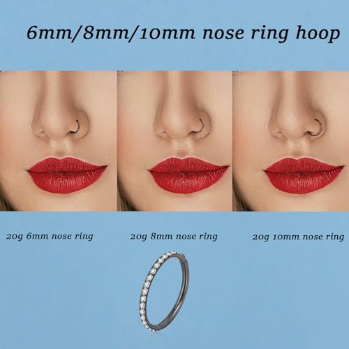 Lantine G23 Titanium Nose Rings Hoops Seamless Clicker Cz Nose Septum Piercings Rings Cute Diamond Hinged 16g 20g Cartilage Conch Daith Helix Tragus Piercing Jewelry - color: Black, size: 20g 6mm