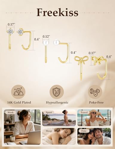 Freekiss 3 Pairs Backless Half Hoop Earrings Set for Women | 14K Gold Plated CZ Stay Close Hoop Earrings, Hypoallergenic Huggie Stackable Earring for Everyday & Sleep Wear Jewelry Gift - color: Pearl Bow CZ-GD