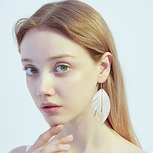 Bohemian Handmade Lightweight Color Large Genuine Soft Leather Fringe Feather Leaf Tear Dangle Drop Earrings for Women Statement - color: 2-White