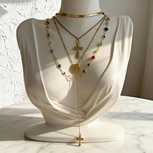 Layered Necklace for Women, Cross Pendant Y Necklace Set, 18K Gold Plated Dainty Stackable Jewelry Gift for Everyday Wear - style: 4PCS - F