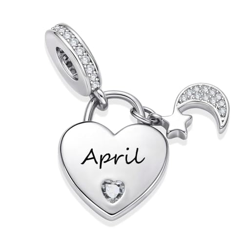 12 Months Birthstone Heart Charm Moon and Star Pendant Bead Compatible with Pandora Bracelet Women - style: April