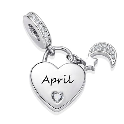 12 Months Birthstone Heart Charm Moon and Star Pendant Bead Compatible with Pandora Bracelet Women - style: April