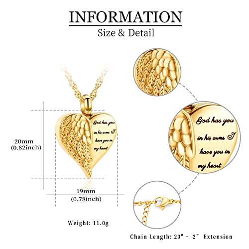 shajwo Cremation Heart Urn Necklace Ashes Jewelry for Women Men Keepsake Pendant Memorial Locket Ash Holder - color: Wing-Gold