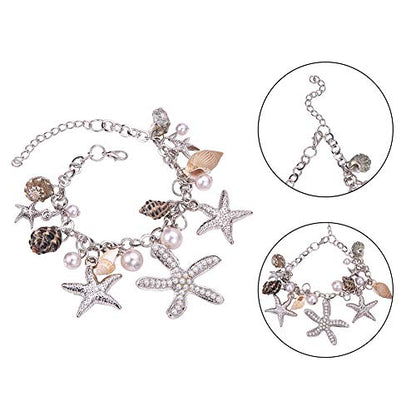 PH PandaHall Starfish Shell Anklet Bracelets, 7" Mermaid Bracelets Conch Starfish Pearl Anklet Bracelet Charm Bohemian Adjustable Shell Bracelet Mermaid Costume Jewelry for Women Christmas, Silver - color: Silver Bracelet