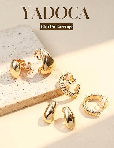 Gold Plated Clip On Earrings for Women Non Pierced Clip on Hoop Earrings | 9 Pairs 14K Gold Plated Waterdrop Chunky Hoop Earrings CZ Twist Statement Earring Set Hypoallergenic Fake Earring Jewelry - color: Gold