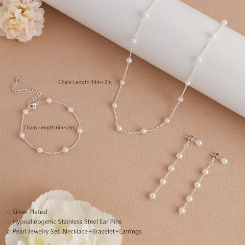 KXIEER Gold Jewelry Set for Women Layered Necklace Wedding Jewelry Set | Dainty 14K Gold/Silver Plated Pearl Necklace and Earring Set Pearl Drop Earrings Pearls Bracelets Pearls Choker Necklace - color: pearl choker set-silver