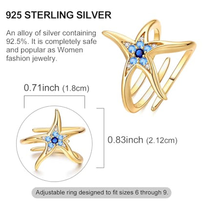 925 Sterling Silver Adjustable Rings for Women 14K Gold Plated Thumb Rings | Stackable Statement Eternity Rings Dainty Starfish Star Moon Heart Lucky Open Ring Trendy Jewelry Birthday Gifts for Ladies - color: Gold starfish opening ring