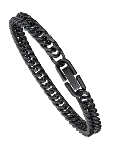 Richsteel Mens Cuban Link Bracelets, Silver/Black/14K Gold Plated Stainless Steel Bracelet for Men 8/12/17mm Width, 7.4/8.2/9 Inch Length Chain Wrist Bracelets With Gifts Box - style: 03-Black 6mm Width