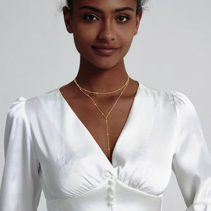 LULII Gold Necklace for Women Trendy Lariat Y Necklace Dainty 14k Gold Plated/Silver Long Necklaces for Women Layered Beaded Drop Necklaces Simple Y-Shaped Chain Jewelry Gifts - color: Y Layered Bead Necklace-Gold