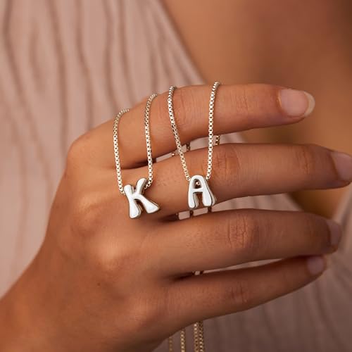 Bubble Gold Initial Necklaces for Women,14K Gold Plated A-Z Initial Necklaces for Women, Chunky balloon letter name Pendant Necklace Fashion Jewelry Gifts - color: A, style: Silver