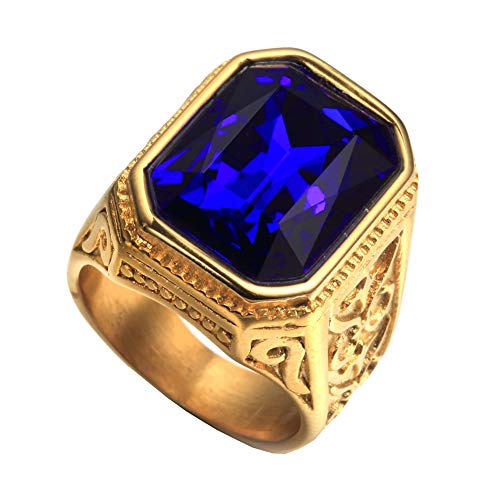PAURO Promise Rings with Big Stone | Men's Stainless Steel, Vintage Wedding Promise Ring with Big Stone - color: Gold Dark Blue