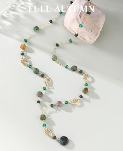 FULU AUTUMN Long Gold Beaded Necklaces for Women Natural Stone Bead Statement Pendant Necklace Y Sweater Chain Fashion Jewelry Gifts - color: Green