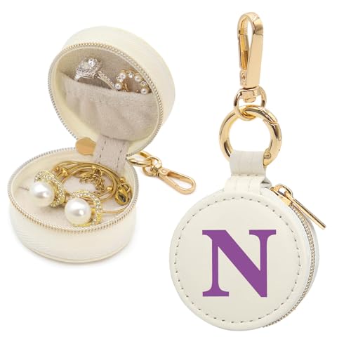 Mini Initial Travel Jewelry Case Ring Holder, Beige Faux Leather Small Jewelry Organizer Box Gifts for Women Girls Nurse Teacher, Gym Travel Accessories Keychain Pouch for Earrings Rings Necklace N - color: Beige, size: Leather-N
