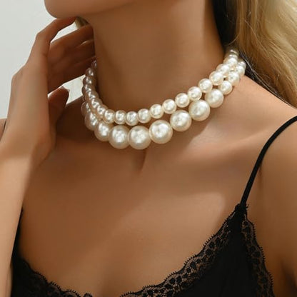 Layered Big Pearl Choker Necklaces for Women Fashion Adjustable Faux Pearls Necklaces Chunky White Large Beaded Necklace Jewelry Accessories