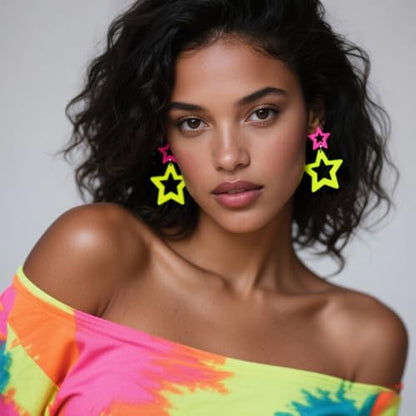 Colorful 80s 90s Neon Star Earrings for Women Retro Glow Party Costume 80s 90s Acrylic Dangle Earrings Outfit - style: Symmetrical Hot Pink and Yellow
