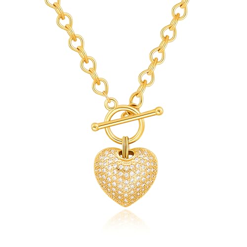 Aobei Pearl 18K Gold Plated Moon Star Lion Evil Eye Love Heart Cross Pendant Necklace Medallion Paperclip Chian Choker Layering Jewery for Women - color: Clear CZ Golden Heart