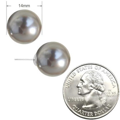 Grey Faux Pearl Stud Earrings, S925 Silver Posts Hypoallergenic for Women - color: Tahitian Platinum Grey, size: 14mm