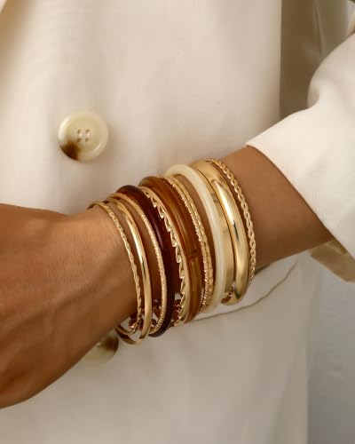 ÌF ME Gold Bangle Bracelets for Women, Indian Bangles Stackable Set, Multi Layer Textured 18K Gold Plated Chunky Bracelets Boho Jewelrys Set - style: G-13PCS Amber Resin Gold