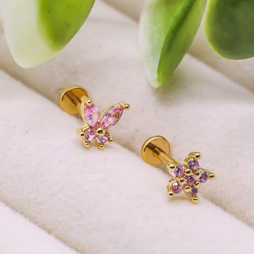 VERAMI 16G Surgical Steel Pushin Lip Rings Butterfly Flower Bee Nose Stud Rings Top Push in Threadless Flat Back Nose Rings Studs Cartilage Earrings for Womens - color: Gold-Pink CZ