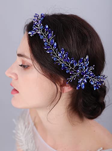 JWICOS Crystal Wedding Headband for Brides Pearl Wedding Hair Accessories Bridal Hair Piece Hair Vine for Women and Girls (Blue) - color: Blue