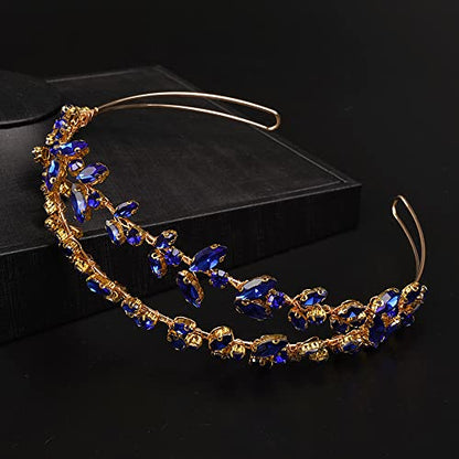 JWICOS Crystal Wedding Headband Tiara Bridal Rhinestone Headpiece Wedding Hair Accessories Tiara for Women and Girls (Blue Gold) - color: Blue Gold