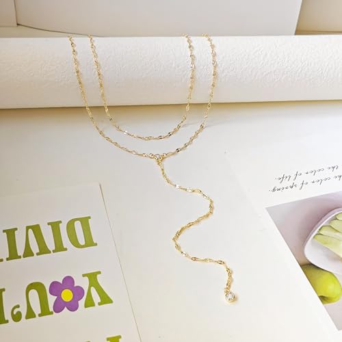 Luxval Lariat Gold Necklace for Women, Dainty Long Necklace 14k Gold Plated/Silver Y-Shaped Pendant Necklaces Trendy Beaded Chain Drop Necklaces Jewelry for Women Gifts - color: Gold-wave cz