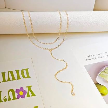 Luxval Lariat Gold Necklace for Women, Dainty Long Necklace 14k Gold Plated/Silver Y-Shaped Pendant Necklaces Trendy Beaded Chain Drop Necklaces Jewelry for Women Gifts - color: Gold-wave cz